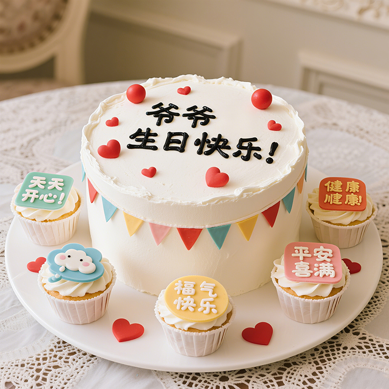 原创祝寿主题鲜奶蛋糕(含5个纸杯蛋糕)